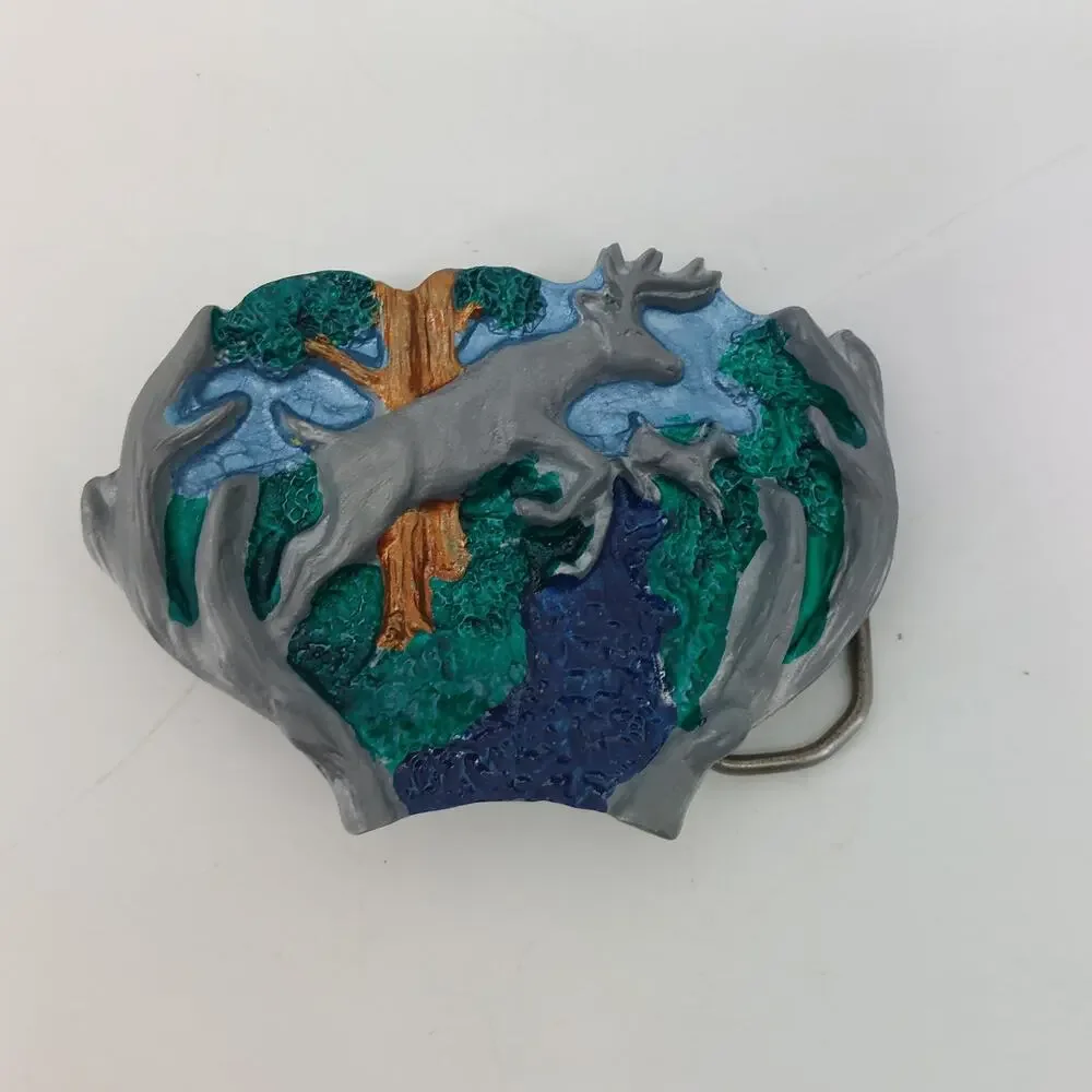 Deer Antlers Woods Western Cowboy Nature Belt Buckle Enamel